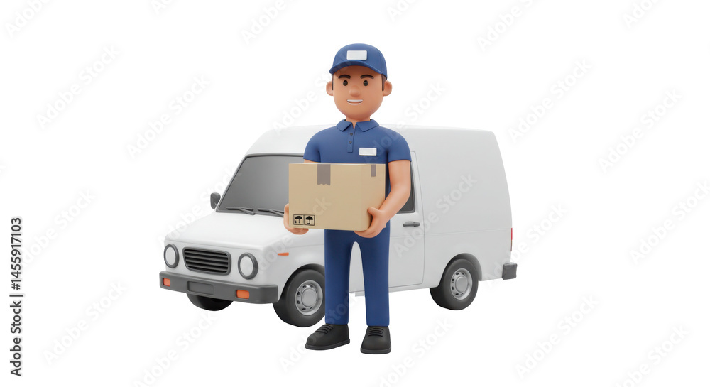 Obraz premium 3D Cartoon Delivery Man in Front of White Van (Full View)