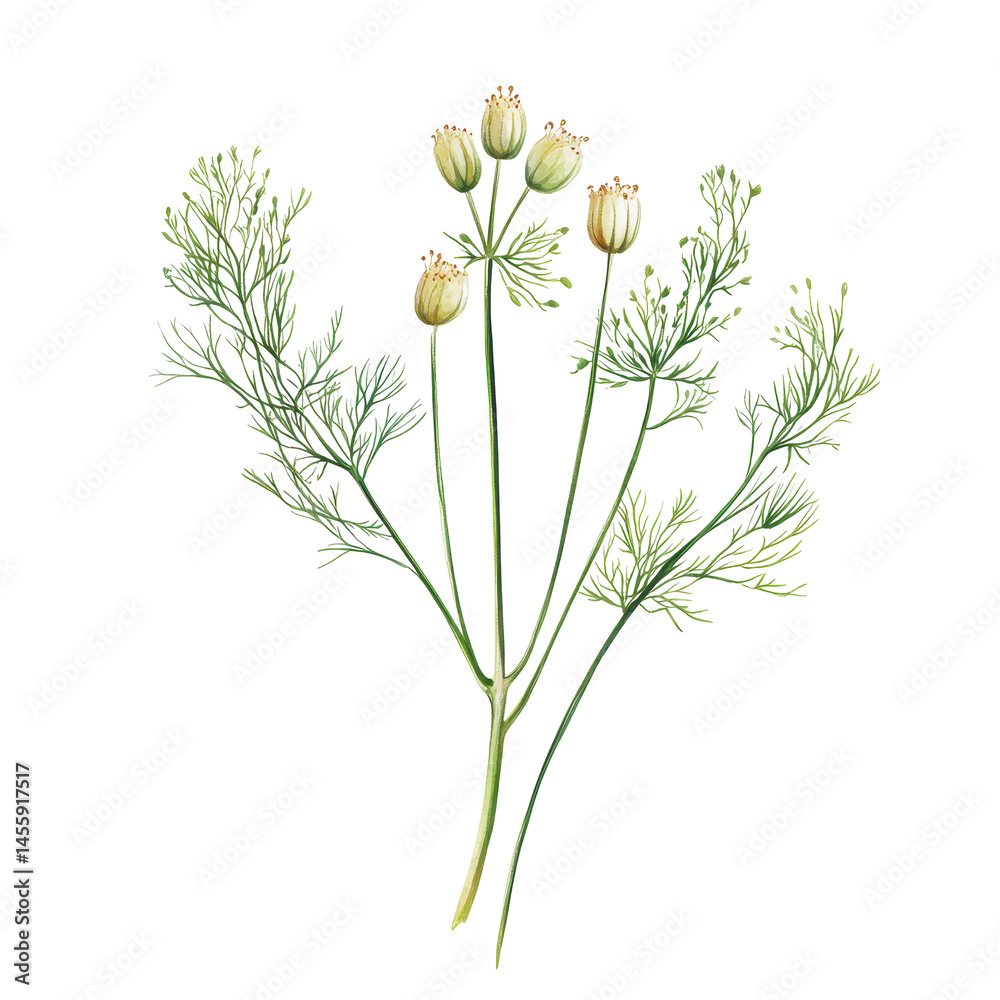 Naklejka premium Detailed botanical illustration of a flowering plant with delicate fronds and round seed pods showcasing nature's beauty