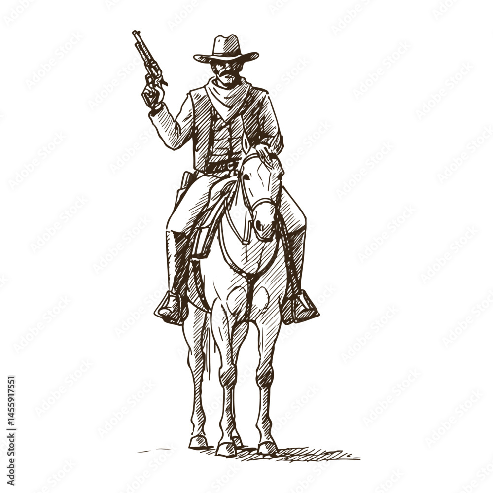 Fototapeta premium Western Cowboy Riding Horse Calmly Hand Drawn Vintage Vector Sketch