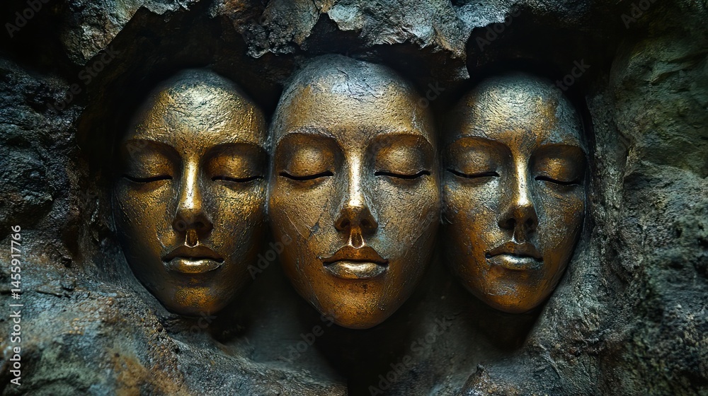 Golden masks adorn the walls of an ancient tomb, their features frozen in expressions of power and serenity. Golden masks adorn the walls of an ancient tomb, their features frozen in expressions of power and serenity.