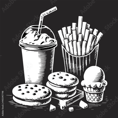 A white-chalked fast food set consisting of French fries, a cocktail, cookies and ice cream on a dark gray isolated background. Vector graphics. EPS.