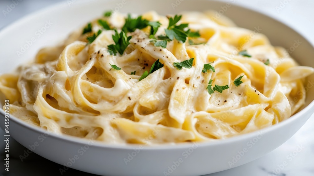 Rich creamy fettuccine Alfredo with parsley in white bowl on marble Rich creamy fettuccine Alfredo with parsley in white bowl on marble