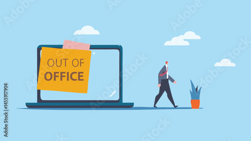 Businessman Out of Office Laptop Note Peaceful Day Minimalist Illustration Blue