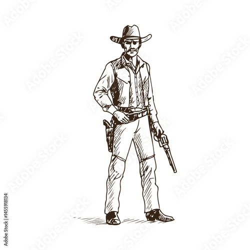 Standing Cowboy with Revolver – Wild West Gunslinger Vector Drawing

