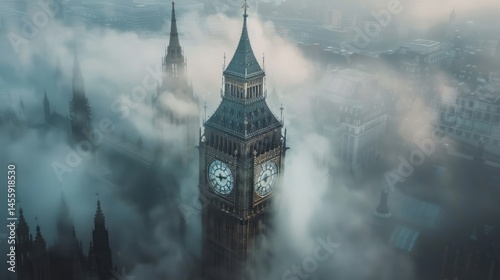 Foggy cityscape view of famous .