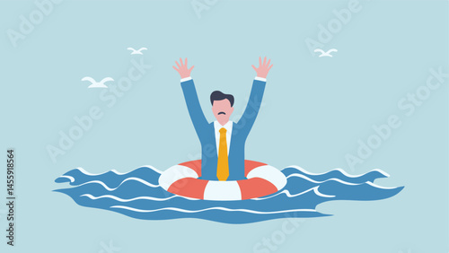 Businessman in Life Raft Seeking Help Calm Ocean Blue Tones