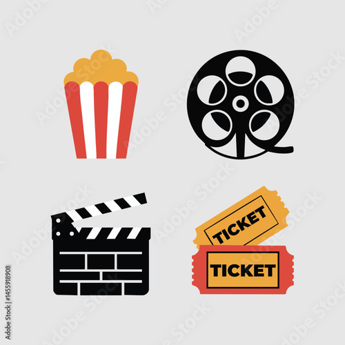 Flat vector cinema icon set featuring popcorn box, movie reel, clapper board, and ticket modern, minimal, and perfect for apps and websites