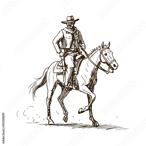 Confident Western Cowboy on Horseback Turning Slightly Hand Drawn Sketch

