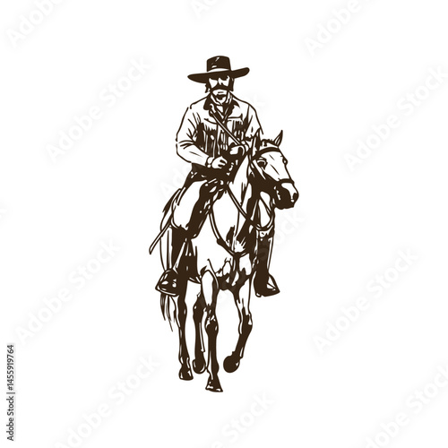 Cowboy on Galloping Horse Holding Gun – Wild West Vintage Drawing

