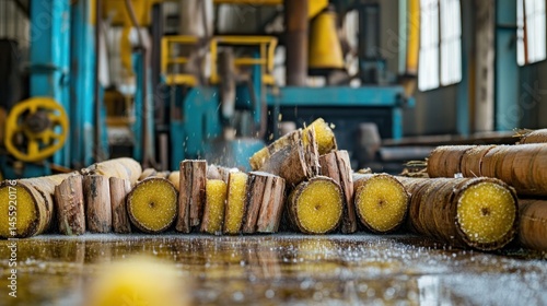 Cut tree trunks with yellow pith in industrial setting