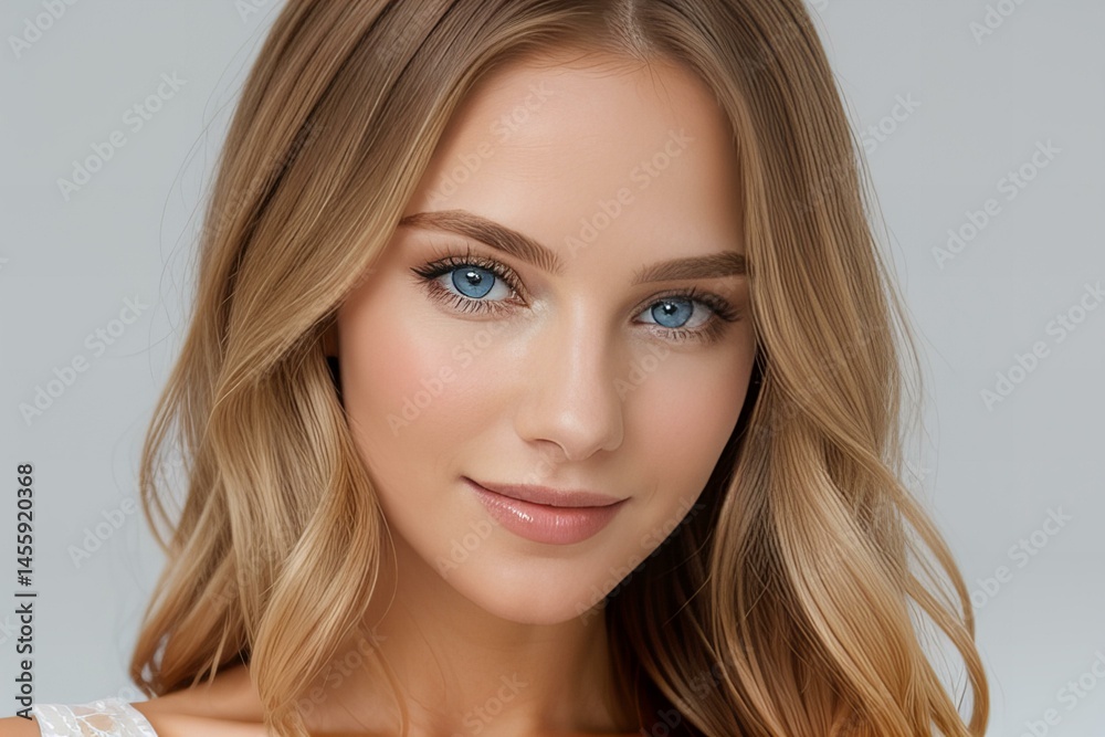 Stunning Portrait of a beautiful woman with long, wavy blonde hair, blue eyes, fair skin, wearing a flowing white dress with lace details Stunning Portrait of a beautiful woman with long, wavy blonde hair, blue eyes, fair skin, wearing a flowing white dress with lace details
