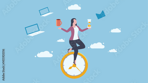 Businesswoman Juggling Work Time Coffee Stylish Flat Design Illustration