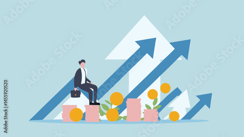 Businessman on rising profits financial growth upward trend vector illustration