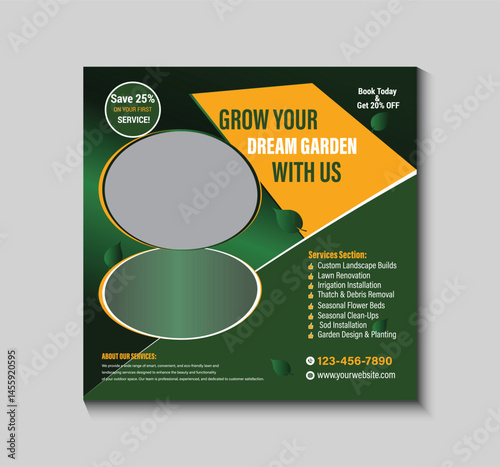 Bright and modern social media pose template for promoting summer lawn care services. Ideal for social media posts, especially Instagram. Fully customizable, and perfect for seasonal market,