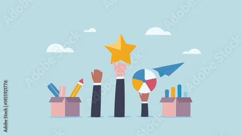 Teamwork reaching for success grabbing star fun playful simple graphic design