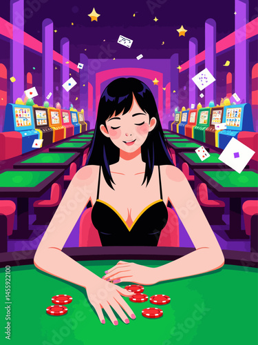  A woman is playing in the casino, she has her hand outstretched and on it theres red chips of gambling on green table