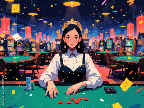  A woman is playing in the casino, she has her hand outstretched and on it theres red chips of gambling on green table