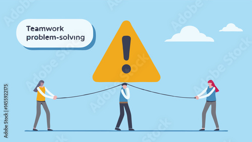 Teamwork solves problems Two colleagues help stressed man lift warning sign