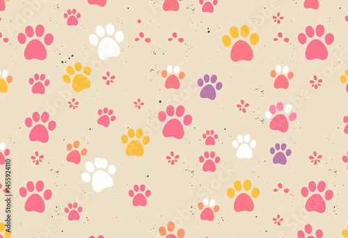 Seamless pattern of cute cartoon animal paw prints on a grunge background, pet, wild animal