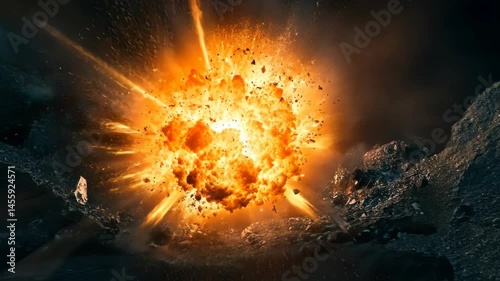 Fiery explosion sequence with debris and dynamic energy burst on impact