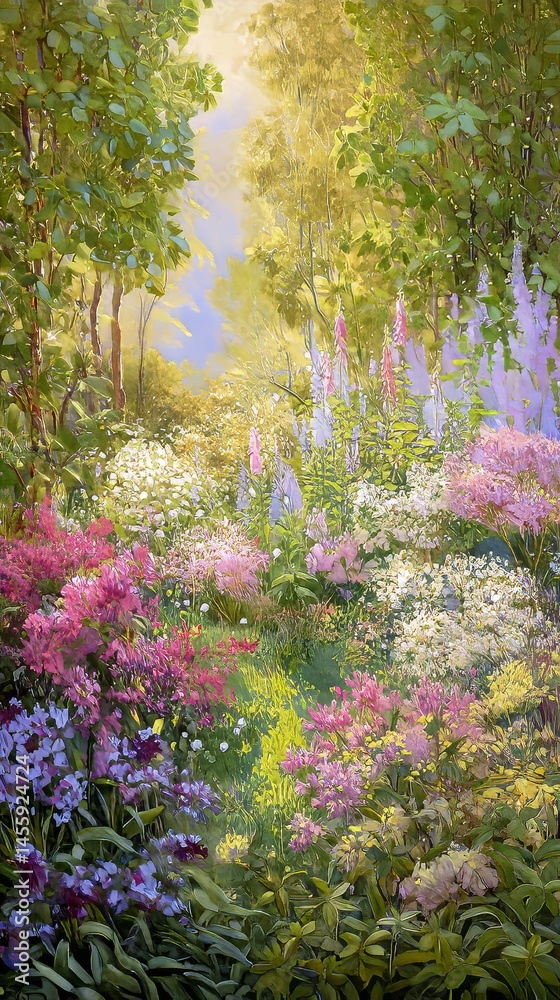 Lush blooming garden with woodland backdrop. Lush blooming garden with woodland backdrop.