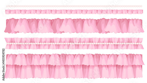 Elegant Ruffle and Pearl Lace Borders – Romantic Pink Fabric Trim Collection PNG