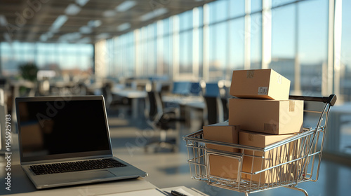 Wallpaper Mural A shopping cart filled with cardboard shipping boxes stands next to a laptop in an office workroom Torontodigital.ca