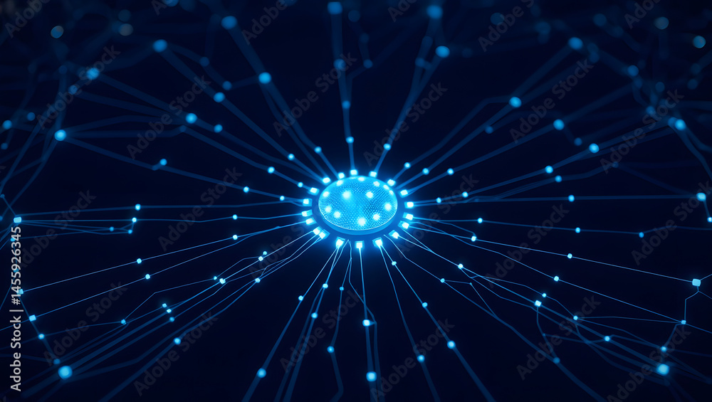 Naklejka premium Glowing Data Node Network Connections and Digital Flow Visualization