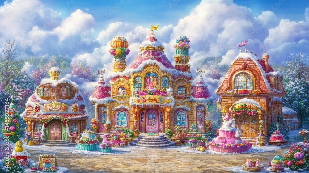 Enchanting gingerbread village fantasy landscape illustration winter wonderland confectionery dream magical houses sweet architecture Enchanting gingerbread village fantasy landscape illustration winter wonderland confectionery dream magical houses sweet architecture