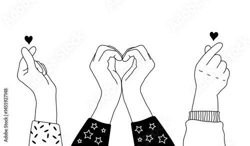 Love gesture hands set in doodle style. Human hands sketch with arms raised in gestures like heart-finger symbol and korean heart on a white background, vector illustration.