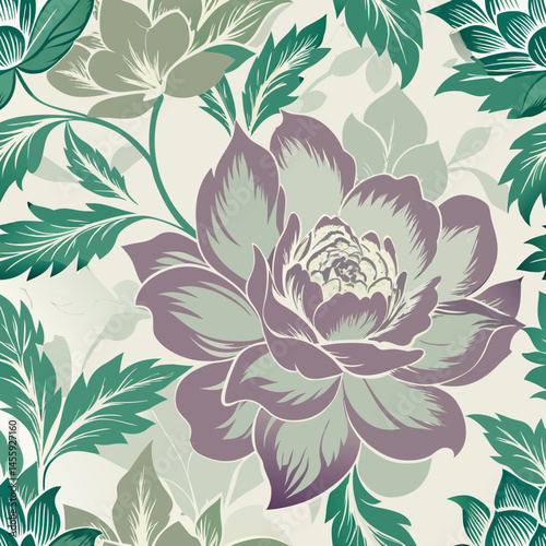 Vintage Botanical Floral Pattern in Faded Greens, seamless vector pattern  