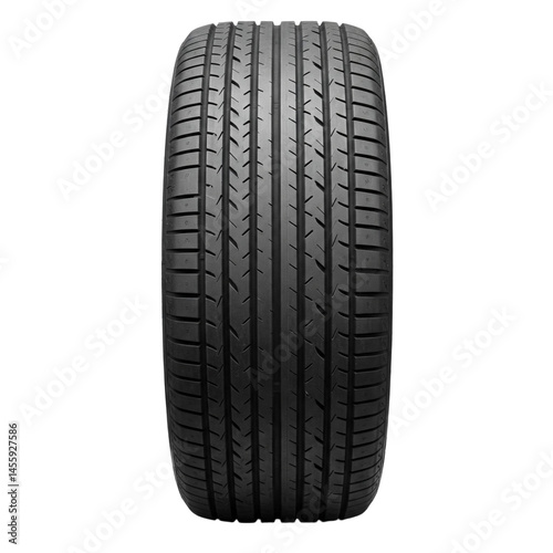 The picture shows a single black tire with a detailed tread pattern.