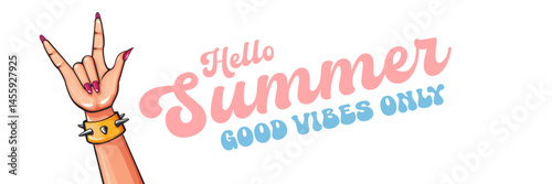 Hello Summer Rock On Vector Female Hand with Devil Horns, Spiked Bracelet and Pink Nails on blue Background with Good Vibes Only Text, Cheerful Summer Design