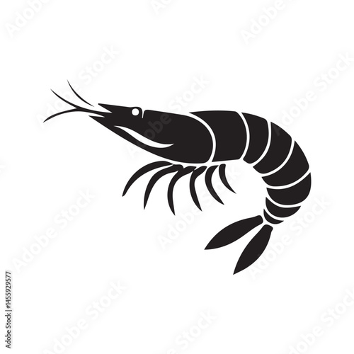 illustration of a shrimp. Sea food logo, sign, symbol. Sea Caridea animal. Prawn black silhouette.
