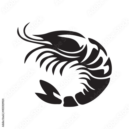 illustration of a shrimp. Sea food logo, sign, symbol. Sea Caridea animal. Prawn black silhouette.