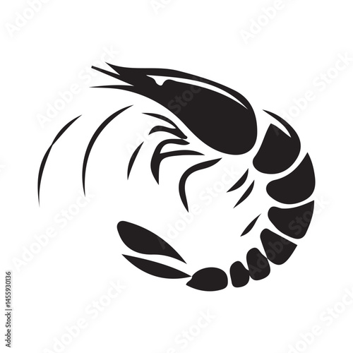 illustration of a shrimp. Sea food logo, sign, symbol. Sea Caridea animal. Prawn black silhouette.