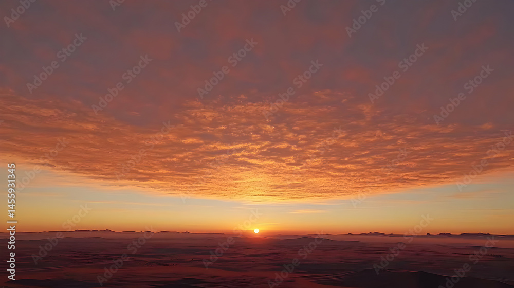 Obraz premium Sunrise over a vast, hazy landscape with a fiery, textured sky