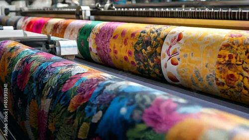 Colorful textile printing process capturing vibrant fabric rolls in detailed motion