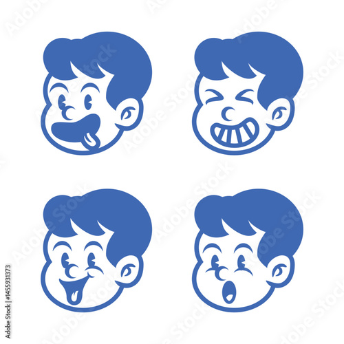 Set of retro cartoon boy face expressions in bold blue line art style, showing happy, cheeky, surprised, and smiling moods. Great for stickers, branding, mascot, and kids design