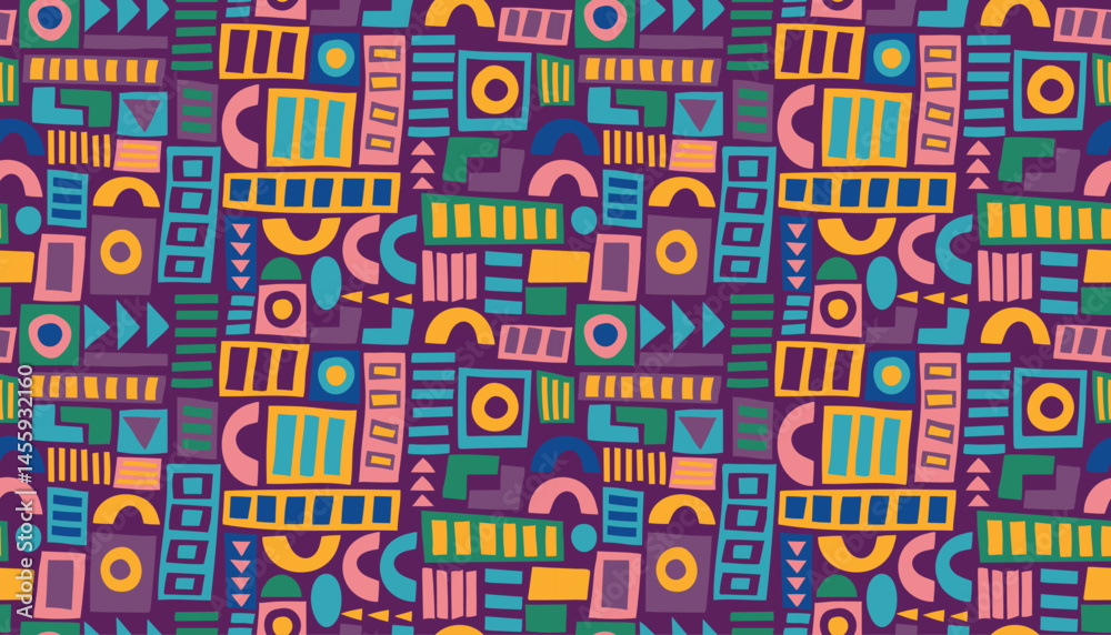 Hand drawn abstract seamless geometric pattern. African ethnic colorful background. Vector banner in flat style. Hand drawn abstract seamless geometric pattern. African ethnic colorful background. Vector banner in flat style.
