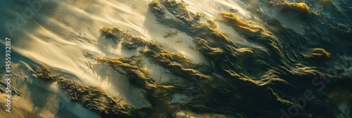 Sunlit seaweed patterns on sandy ocean floor create abstract natural art