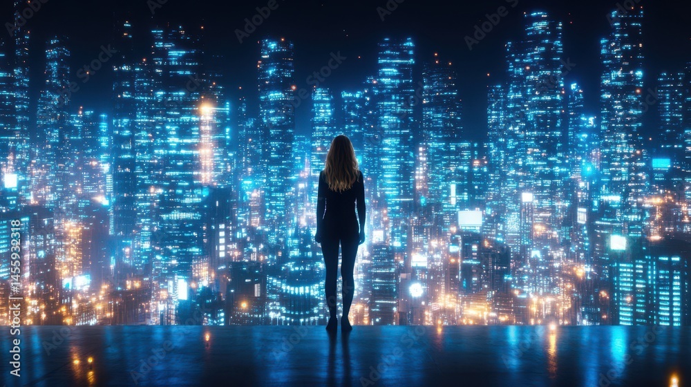 Woman facing futuristic city: A lone woman stands facing a breathtaking futuristic cityscape at night, illuminated by vibrant neon lights, symbolizing progress, ambition.