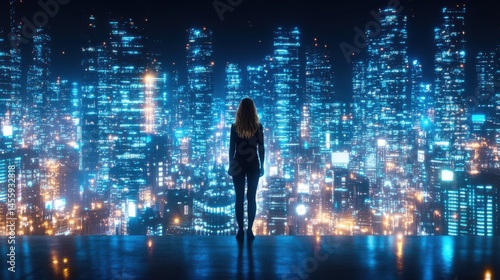 Obraz na płótnie Woman facing futuristic city: A lone woman stands facing a breathtaking futuristic cityscape at night, illuminated by vibrant neon lights, symbolizing progress, ambition. w salonie