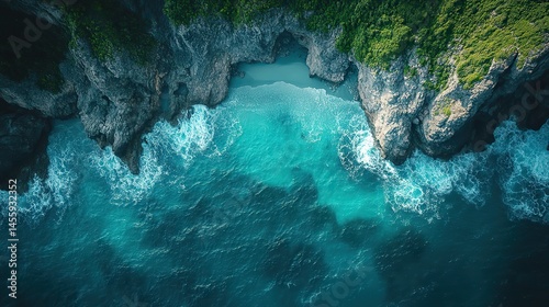 Obsidian volcanic rock forms a rugged coastline, contrasting with the turquoise waters of the ocean.
