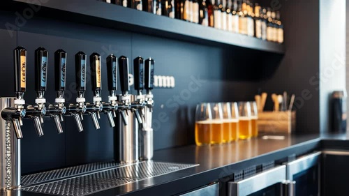 Craft beer taps pouring fresh brews in modern bar setting with bottles