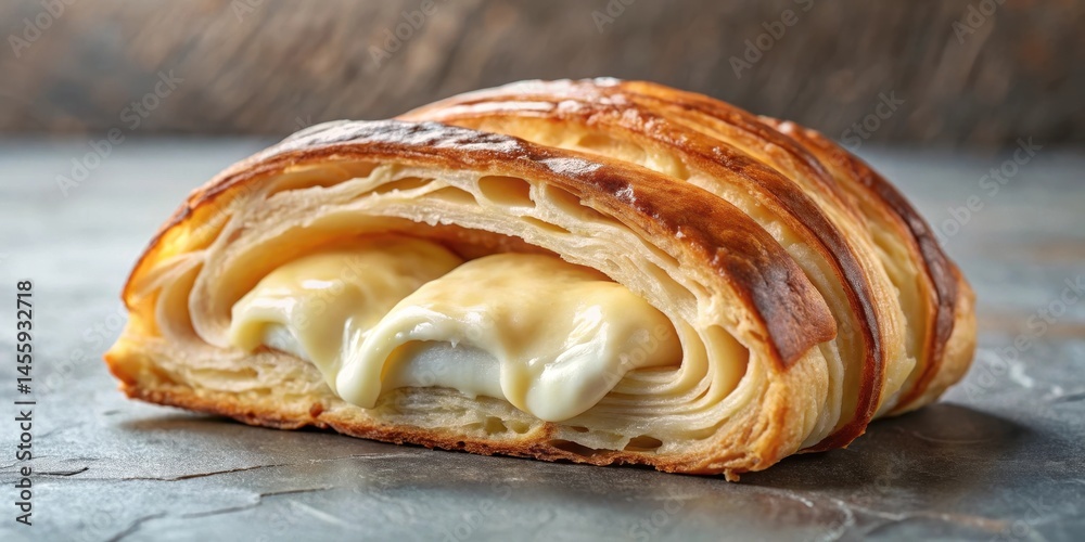 Fototapeta premium Flaky croissant pastry wrapped around a creamy filling of cheese spread, bread, cheesy, bread, cheesy, bakery