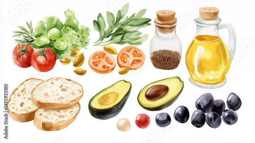 An inviting collection of ingredients including  and various garnishes like fresh bread, fragrant herbs, and olives, avocado, olive oil all artfully arranged