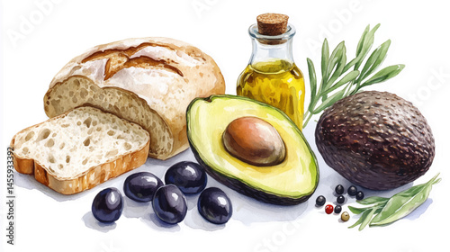 An inviting collection of ingredients including  and various garnishes like fresh bread, fragrant herbs, and olives, avocado, olive oil all artfully arranged