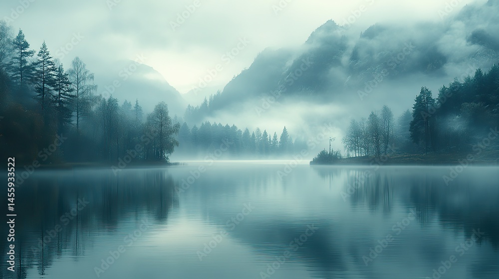 Opaline mist blankets a still lake, obscuring the surrounding landscape and creating an ethereal atmosphere. Opaline mist blankets a still lake, obscuring the surrounding landscape and creating an ethereal atmosphere.