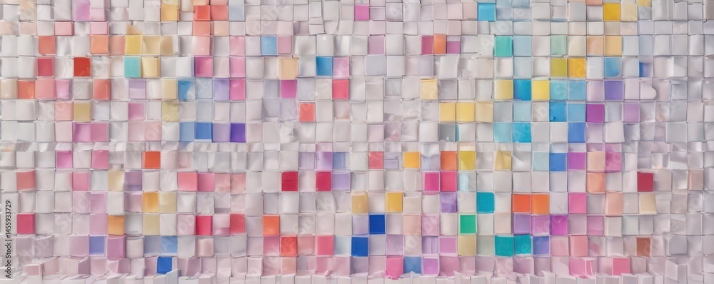 Fototapeta premium Abstract pixel rainbow squares, white backdrop, texture, background, rainbow pattern